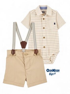OshKosh B'gosh Baby Boy Suspender Shorts and Striped Button Bodysuit. 6 Months